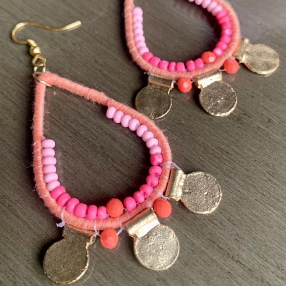 Artisanal Pink Seed Bead Thread Wrapped Teardrop Dangle Earrings Gold Accents - Picture 4 of 4